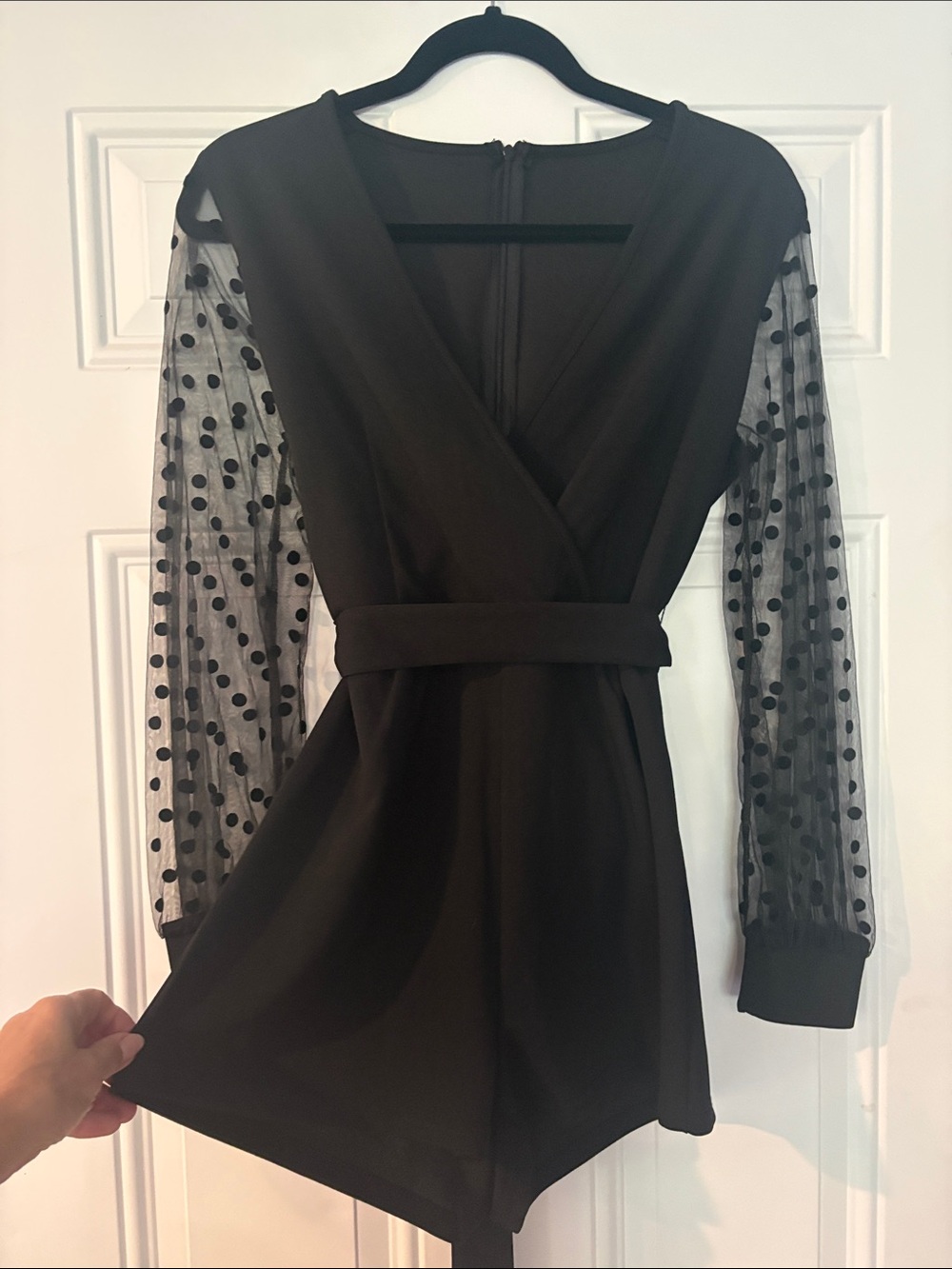 Black Polka Dot Mesh Sleeve V-Neck Romper